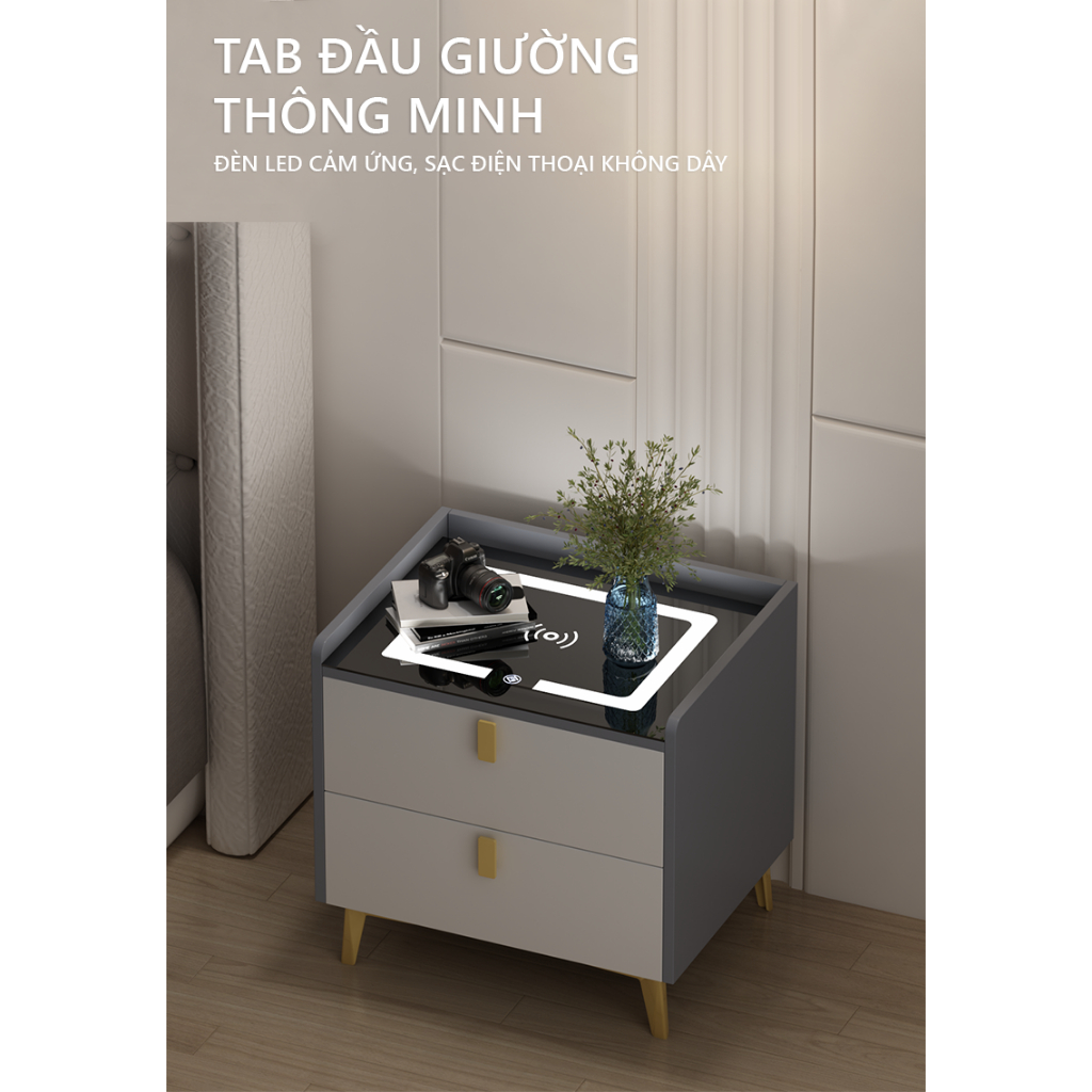 Tủ đầu giường 2 tầng, tab đầu giường thông minh có đèn LED cảm ứng tích hợp sạc không dây hiện đại GP268
