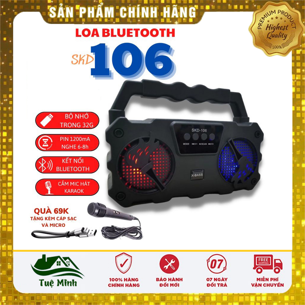 Loa Bluetooth Hát Karaoke SKD -106 Tặng Kèm Mic Hát Hay Nghe Nhạc Cực Đã Âm Bass Cực Mạnh