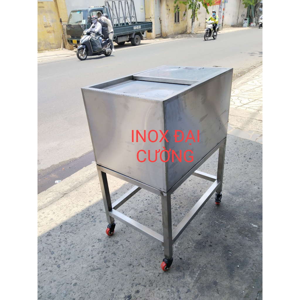 Thùng đá inox có chân/ bánh xe kèm khay + 4 khay topping bán trà sữa hot 2023