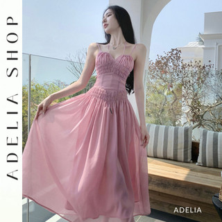「ADELIA」Đầm 2 Dây DH153 Màu Hồng Nhẹ Nhàng Phong Cách Tiểu Thư Hở Lưng Chất Voan 2 Lớp