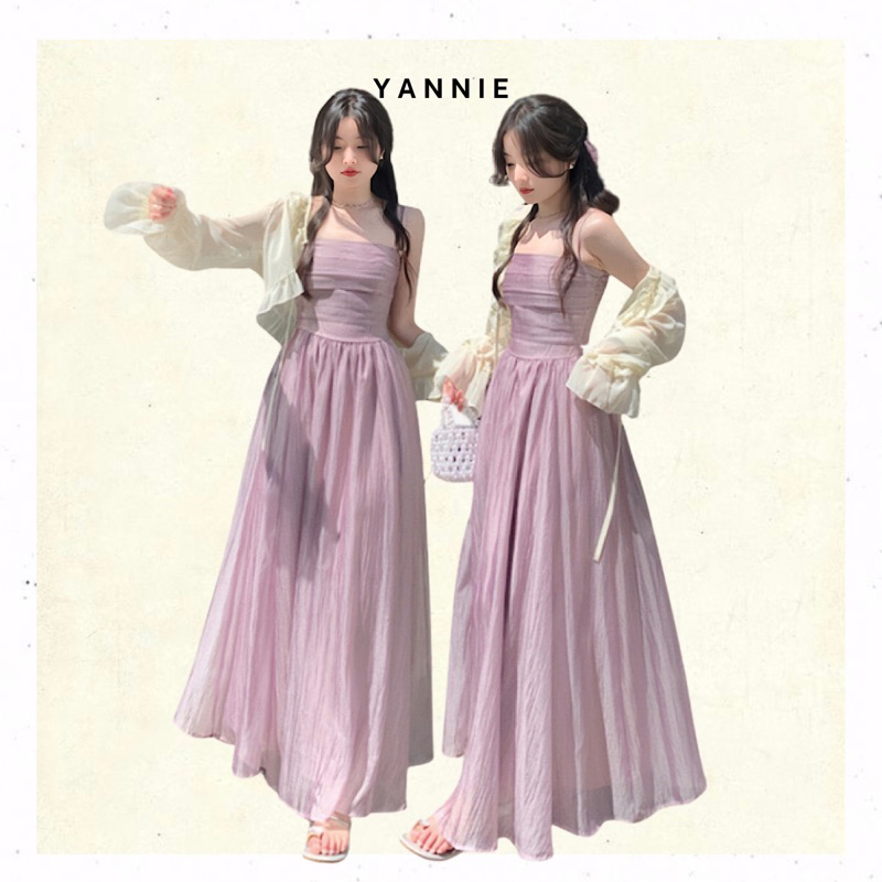 Váy đầm maxi hai dây tím dáng dài ôm eo chun lưng đi biển du mùa hè tiểu thư công chúa kiểu Pháp retro sexy Yannie