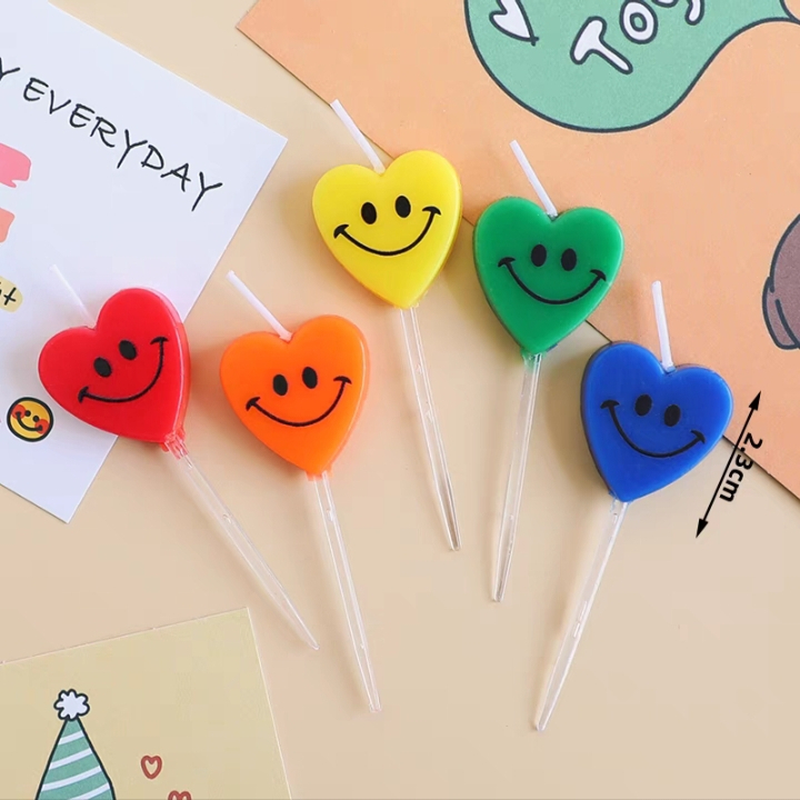 Nến Ngộ Ngĩnh Trang Trí Bánh Sinh Nhật , Vỉ 5 Nến Trái Tim Mặt Cười , Đồ Trang Trí Bánh Sinh Nhật