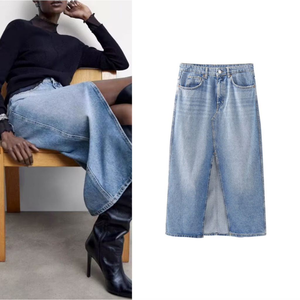 Chân váy bò denim jeans xẻ hàng Zara dáng chữ A dài quá gối cạp cao | BigBuy360 - bigbuy360.vn