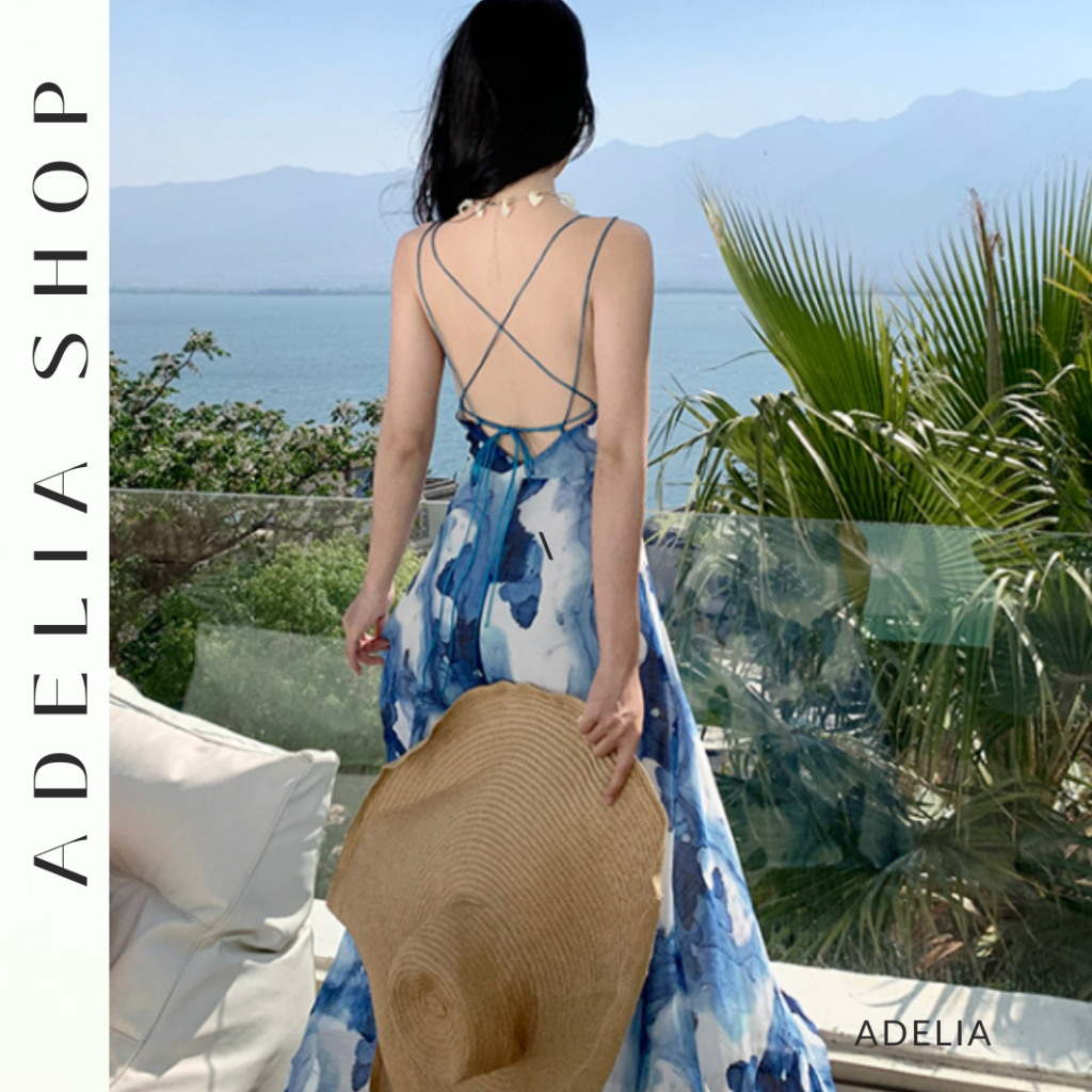 「ADELIA」Đầm Lụa 2 Dây Hở Lưng Màu Xanh Mát Mắt DH152 Chất Mềm Mịn 2 Lớp BST Hè 2023