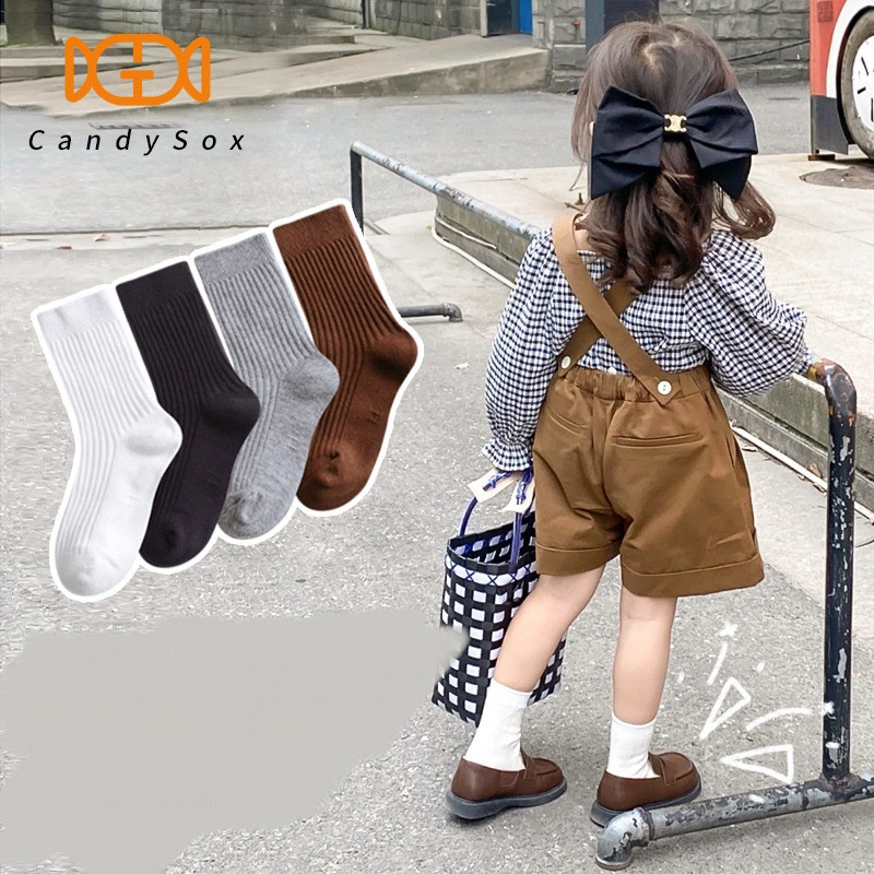 Set 4 đôi tất gân cao cổ cho bé phối màu phong cách vintage thời trang màu trơn