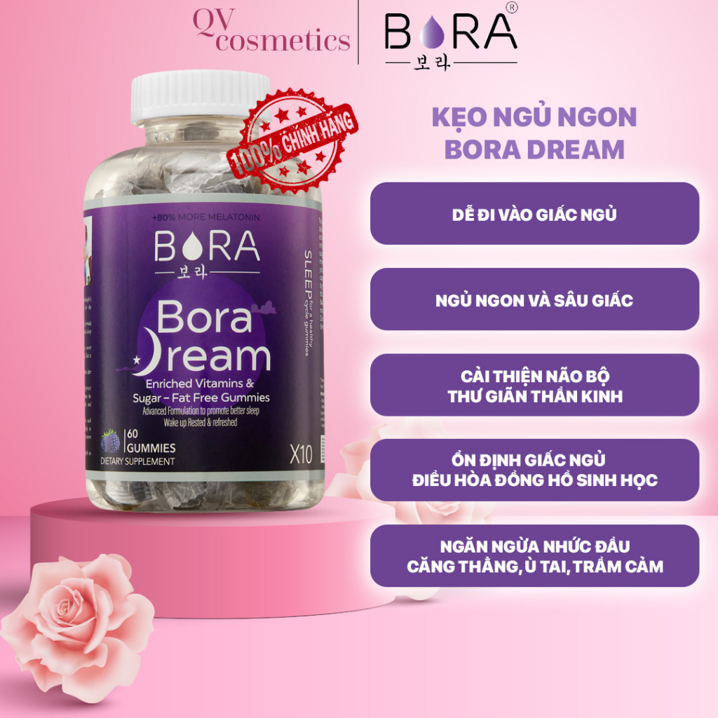 Kẹo hỗ trợ ngủ ngon sâu giấc BORA DREAM giúp điều hòa đồng hồ sinh học lọ 60 viên - Hàng chính hãng