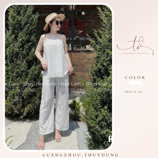 Sét áo 2 dây cổ yếm mix quần ống rộng ren trắng mỏng 2 lớp hở lưng dáng suông kiểu hàn đi biển Guangzhou.Thuydung