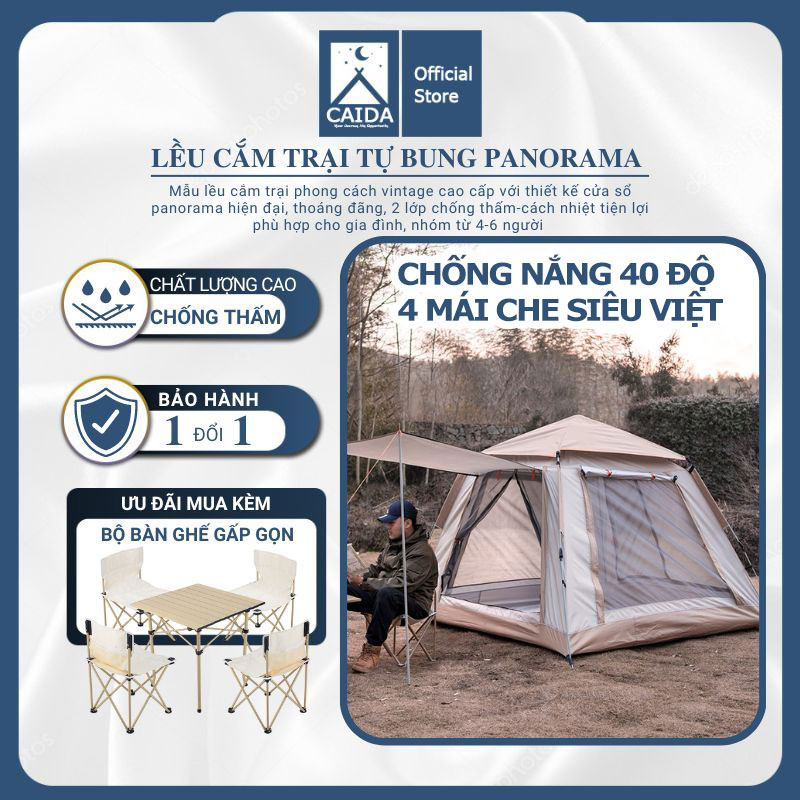 Lều cắm trại tự bung panorama gấp gọn cao cấp 4 mái màu trắng pastel mẫu mới nhất, lều chống thấm và chống côn trùng