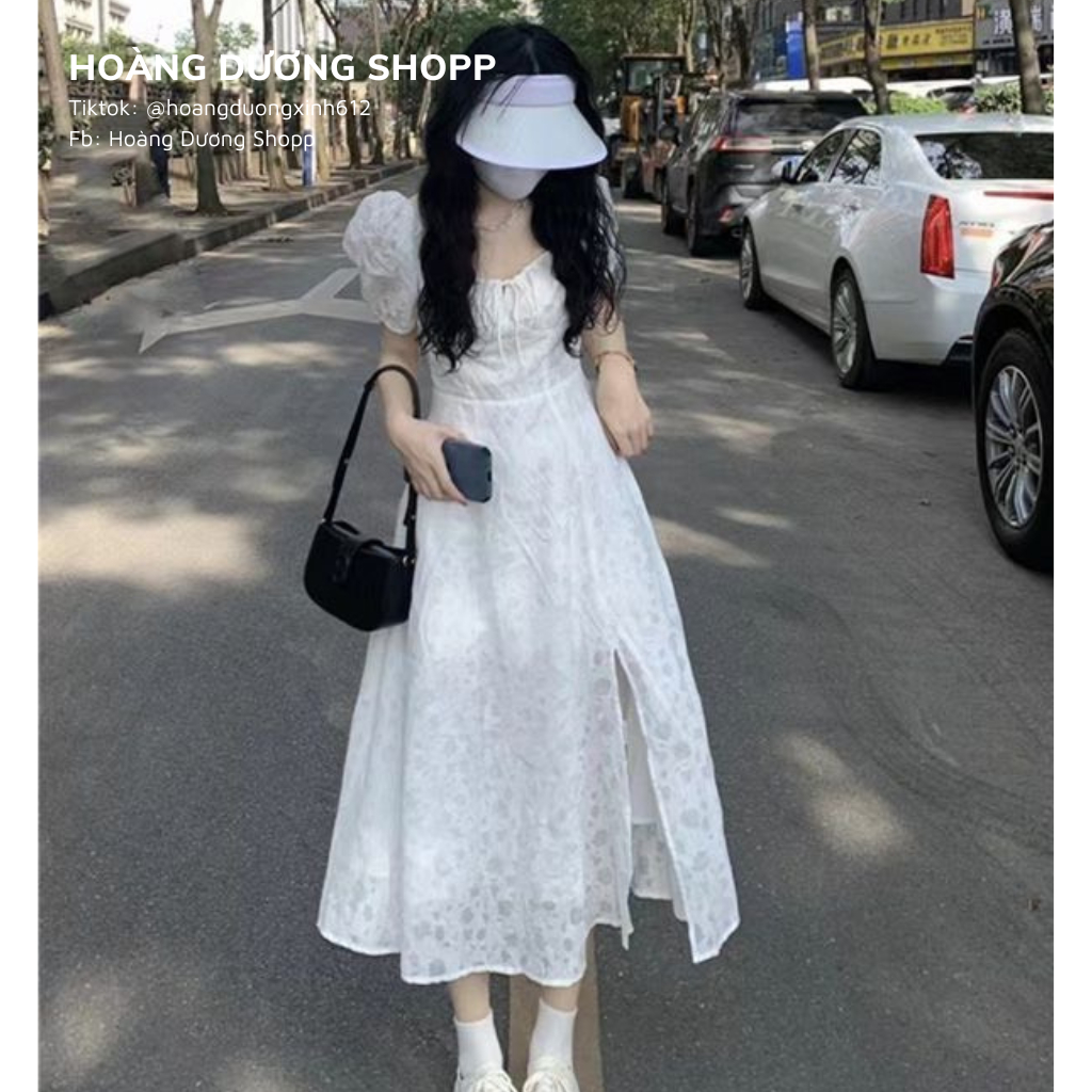 Váy Trắng Cổ Vuông Tay Bồng Dáng Dài, Đầm Tiểu Thư Cổ Vuông Xẻ Tà Phong Cách Thời Trang Mùa Hè Cho Nữ