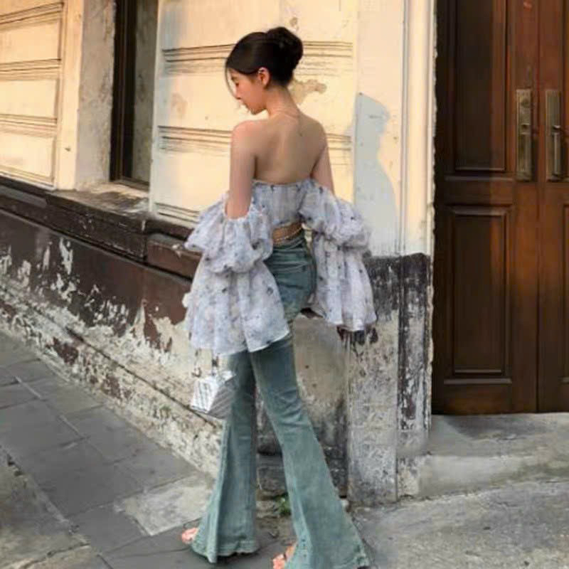 Áo cúp ngực trễ vai tay phồng xoè