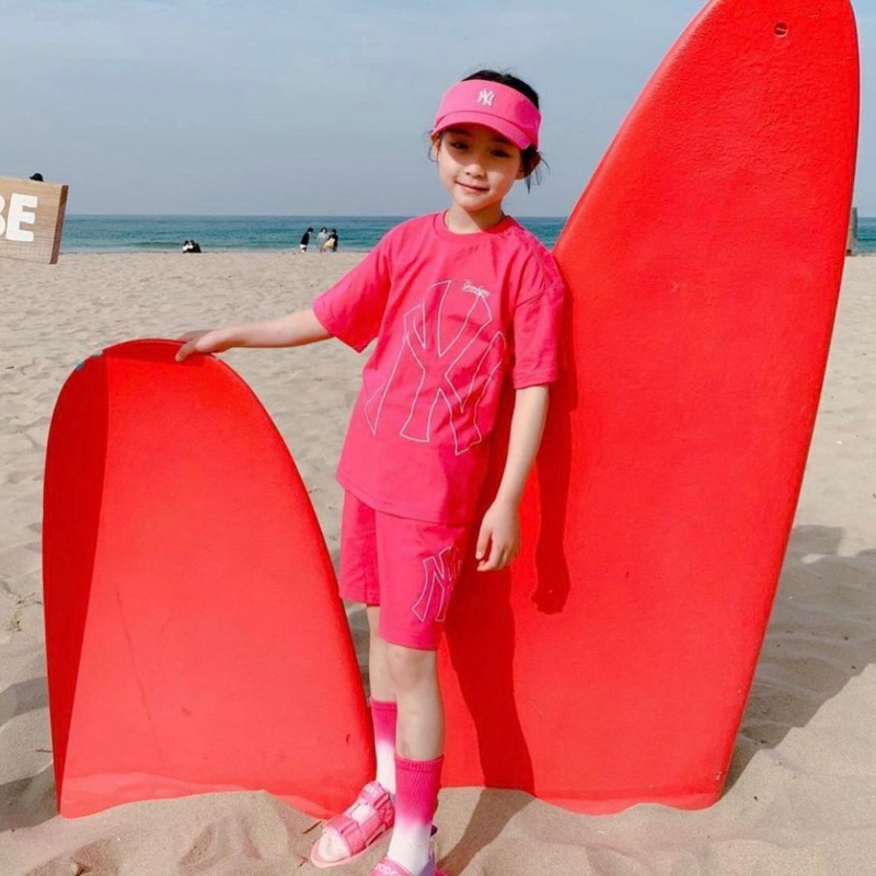 Bộ cộc tay trơn in logo to MLB cho bé trai bé gái