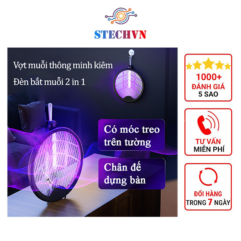 Vợt Muỗi Thông Minh Kiêm Đèn Bắt Muỗi Tự Động 2 Trong 1 Công Suất Lớn 3000V Diệt Muỗi Côn Trùng Hiệu Quả Công Nghệ Mới
