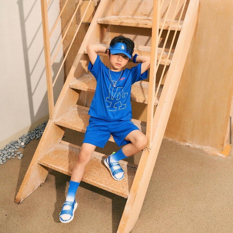 Bộ cộc tay trơn in logo to MLB cho bé trai bé gái