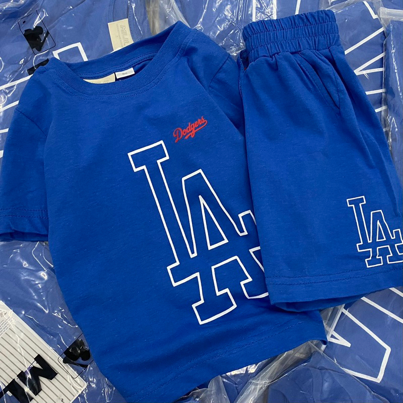 Bộ cộc tay trơn in logo to MLB cho bé trai bé gái