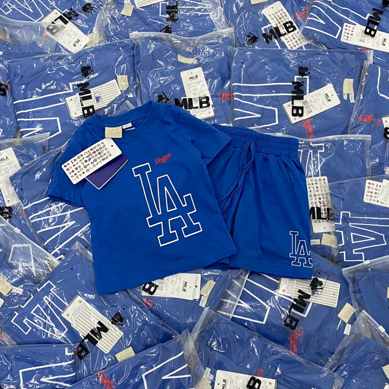 Bộ cộc tay trơn in logo to MLB cho bé trai bé gái