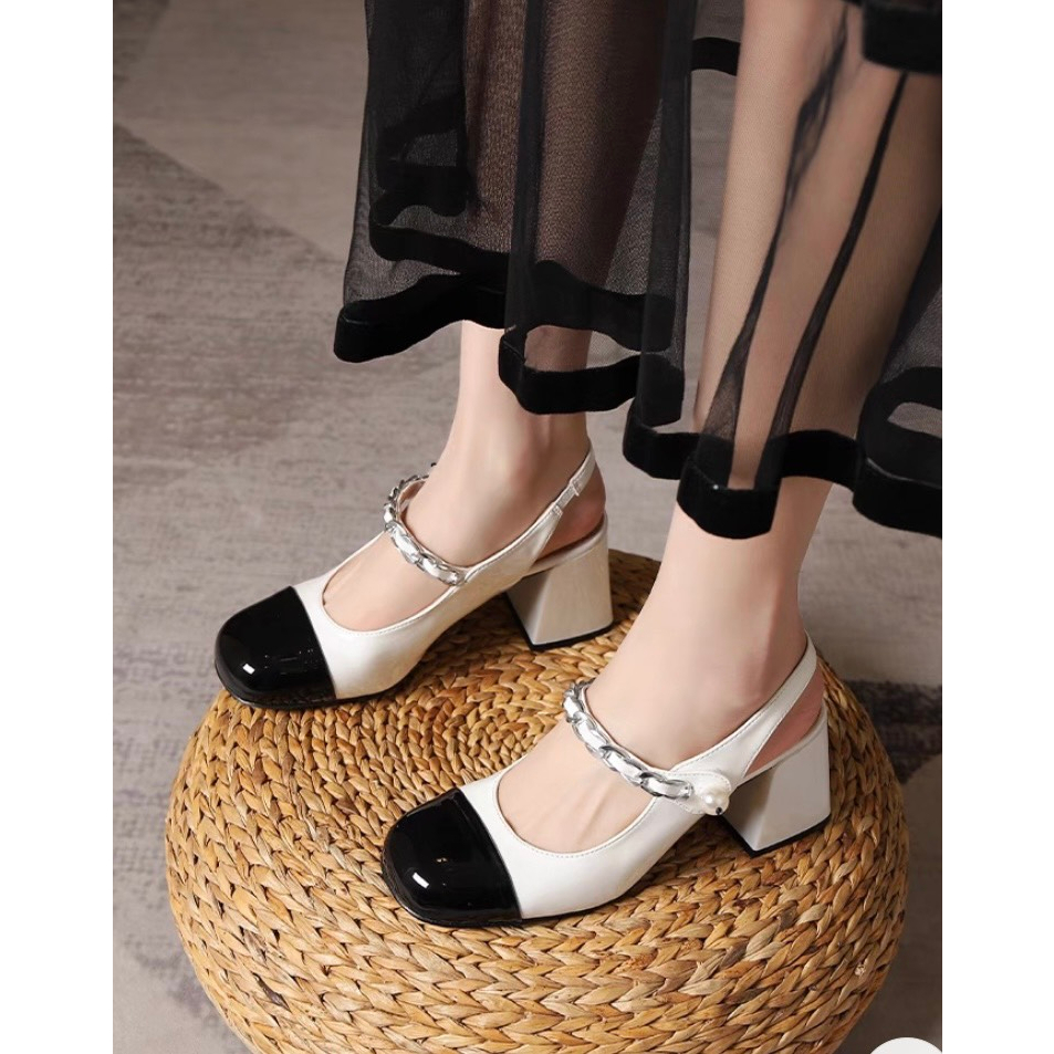 Giày sandal cao gót 5p &amp; 7p quai phối xích đính hạt ngọc siêu xinh