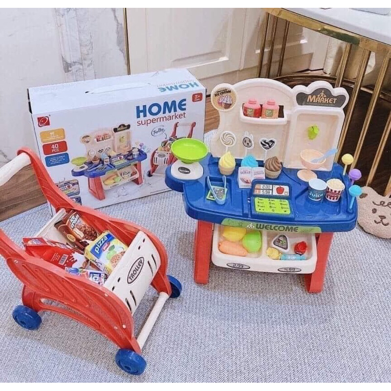 Đồ chơi bán hàng siêu thị kèm xe đẩy 40 chi tiết cho bé-quầy bán kem mini