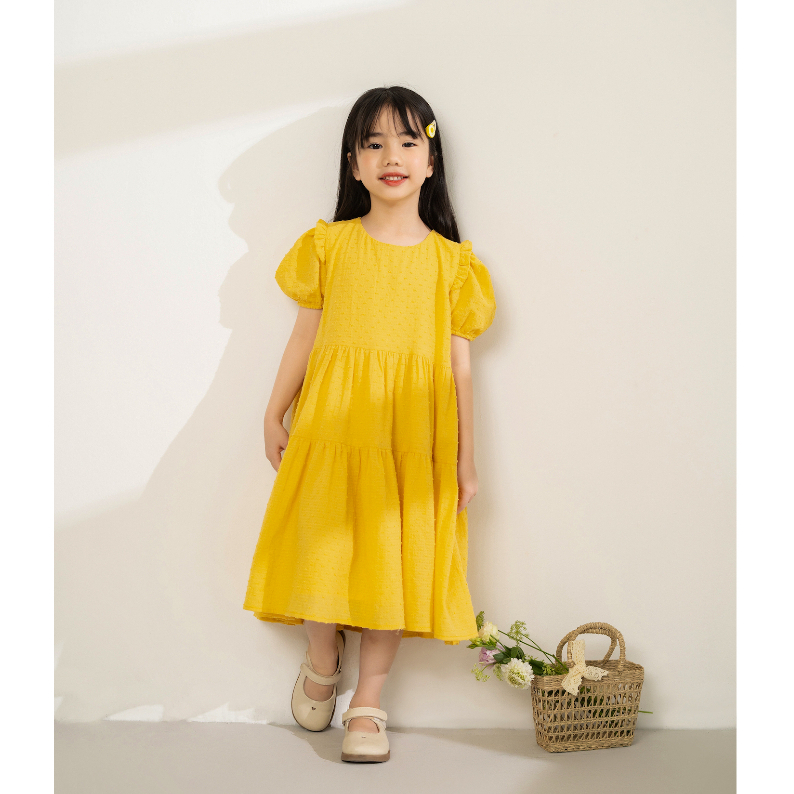 Đầm thiết kế bé gái LEAH babydoll cộc tay bèo nhún tiểu thư xinh xắn - Suzy dress - Vàng