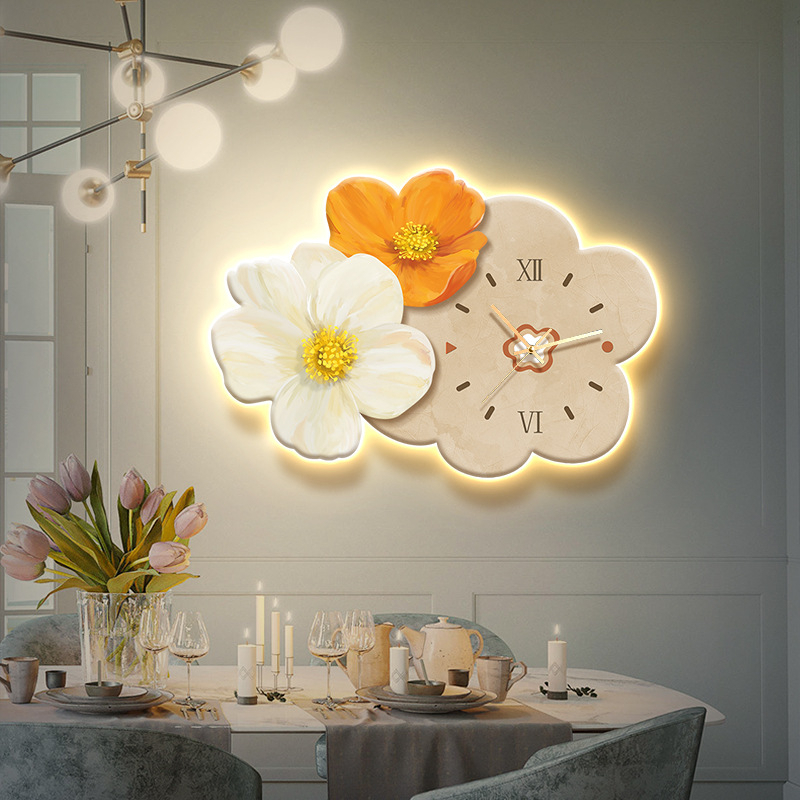 Tranh Hoa treo tường có đèn LED + đồng hồ TườngXinhHome Trang trí phòng ngủ , phòng khách , quà tặng tân gia , spa...