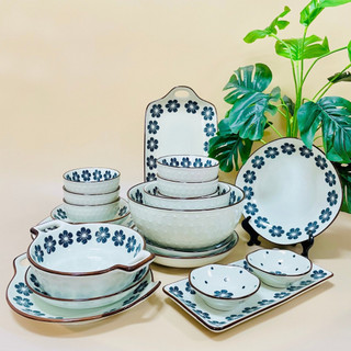 Bộ bát đĩa chén gosu đĩa tráng men sáng đẹp cao cấp hoạ tiết hoa xanh