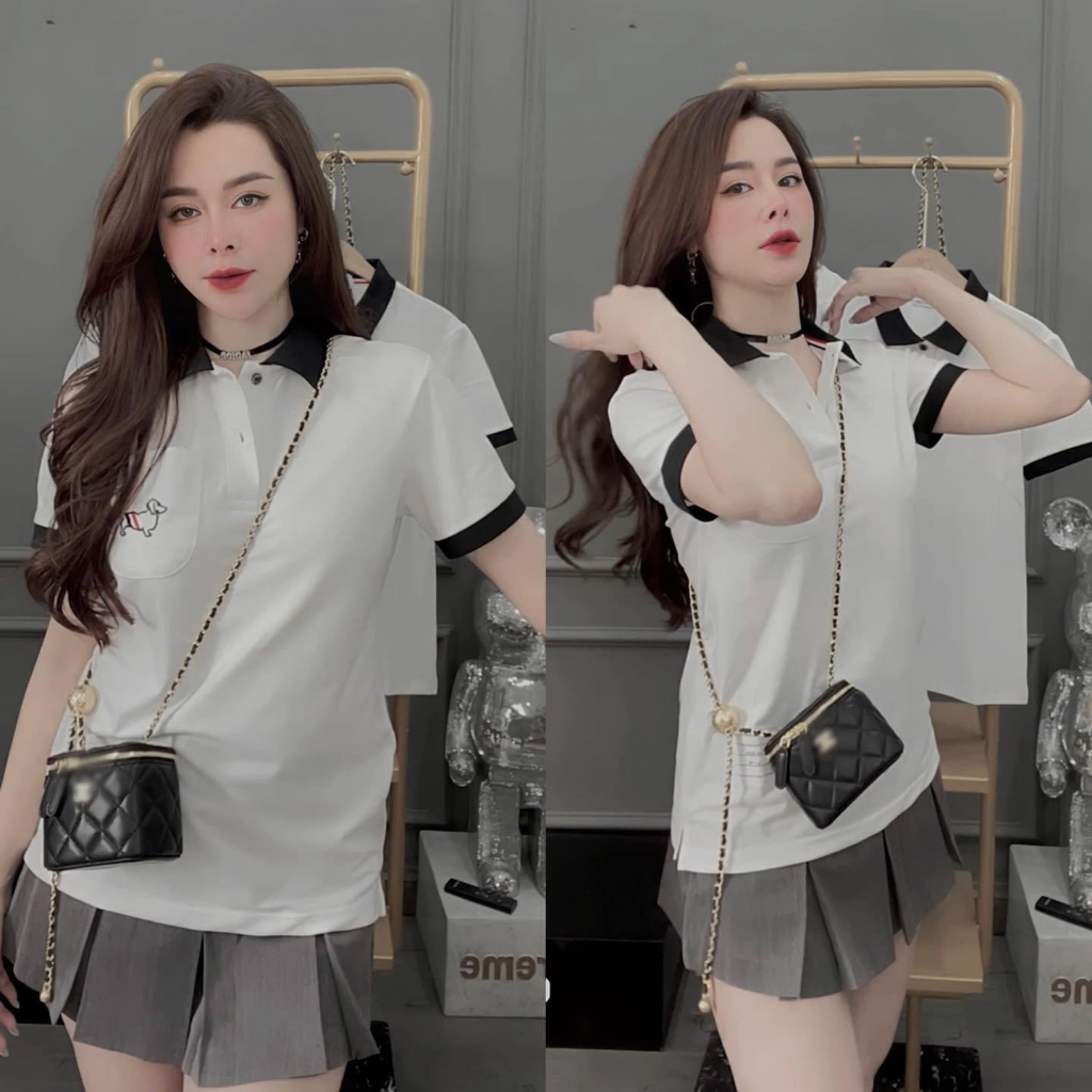 Sét Áo Polo Thêu Túi Ngực Mix Chân Váy Tennis Xám Xòe Xếp Ly Xám Phong Cách Hàn Chất Liệt Tuyết Mưa Cá Tính Trẻ Trung