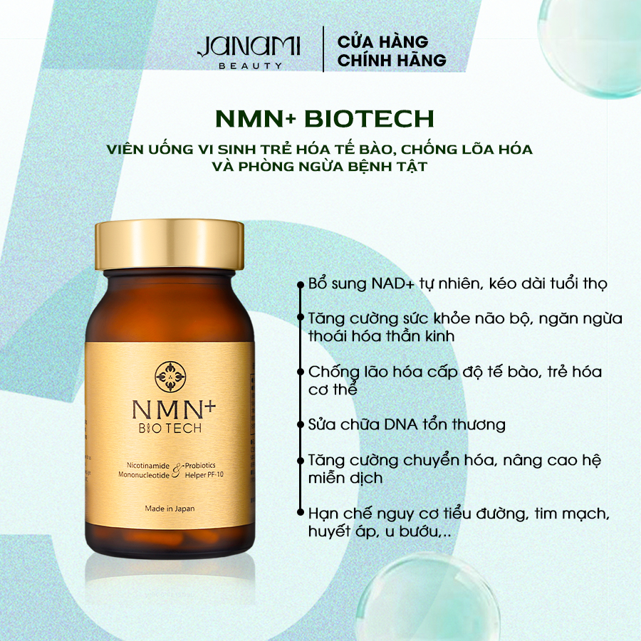Viên uống trường sinh NMN+ Biotech chống lão hóa Nicotinamide mononucleotide NMN, Probiotics Helper PF-10, Inulin