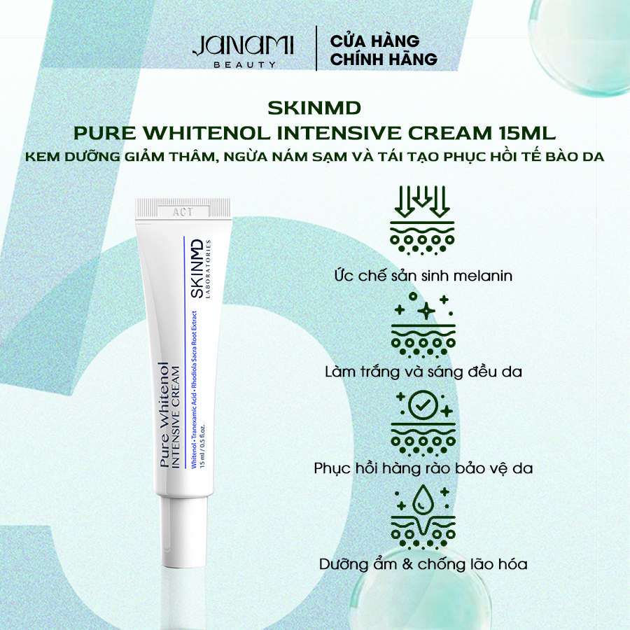 Kem giảm sạm nám và phục hồi làn da mỏng yếu Skinmd Pure Whitenol Cream 15ml