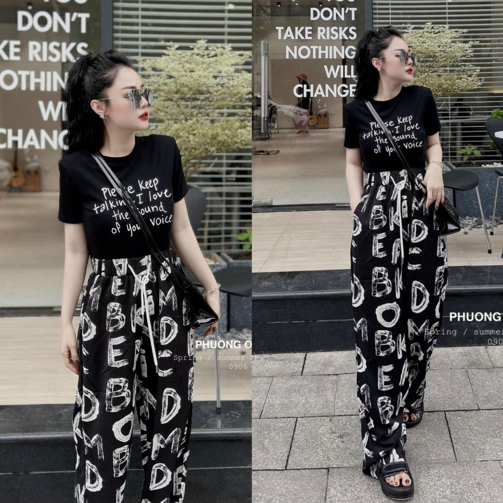 Set bộ gân in 3d áo tay ngắn phối chữ mix quần ống suông siêu tôn dáng, trẻ trung cho các chị em đi chơi, dạo phố