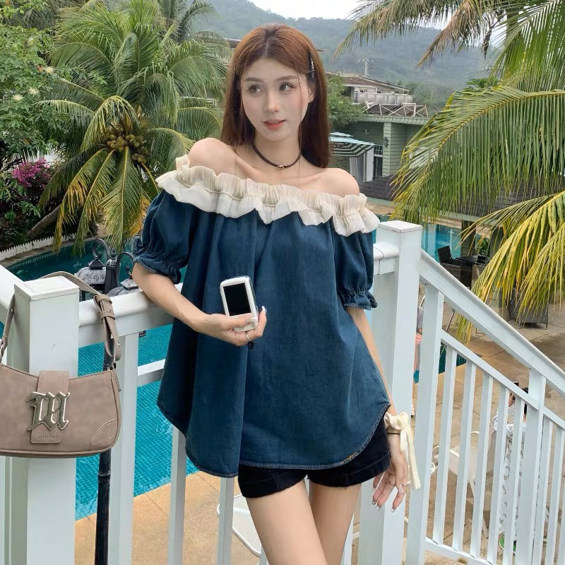 Áo trễ vai denim bèo nhún