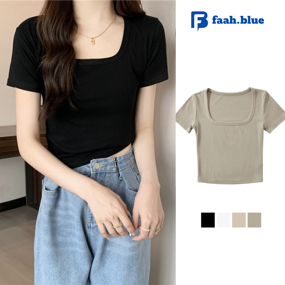 Áo Thun Trơn Cổ Vuông Madela Dáng Croptop Trẻ Trung Năng Động, Áo Cổ Vuông Croptop Ngắn Tay Phong Cách Basic Cho Nữ