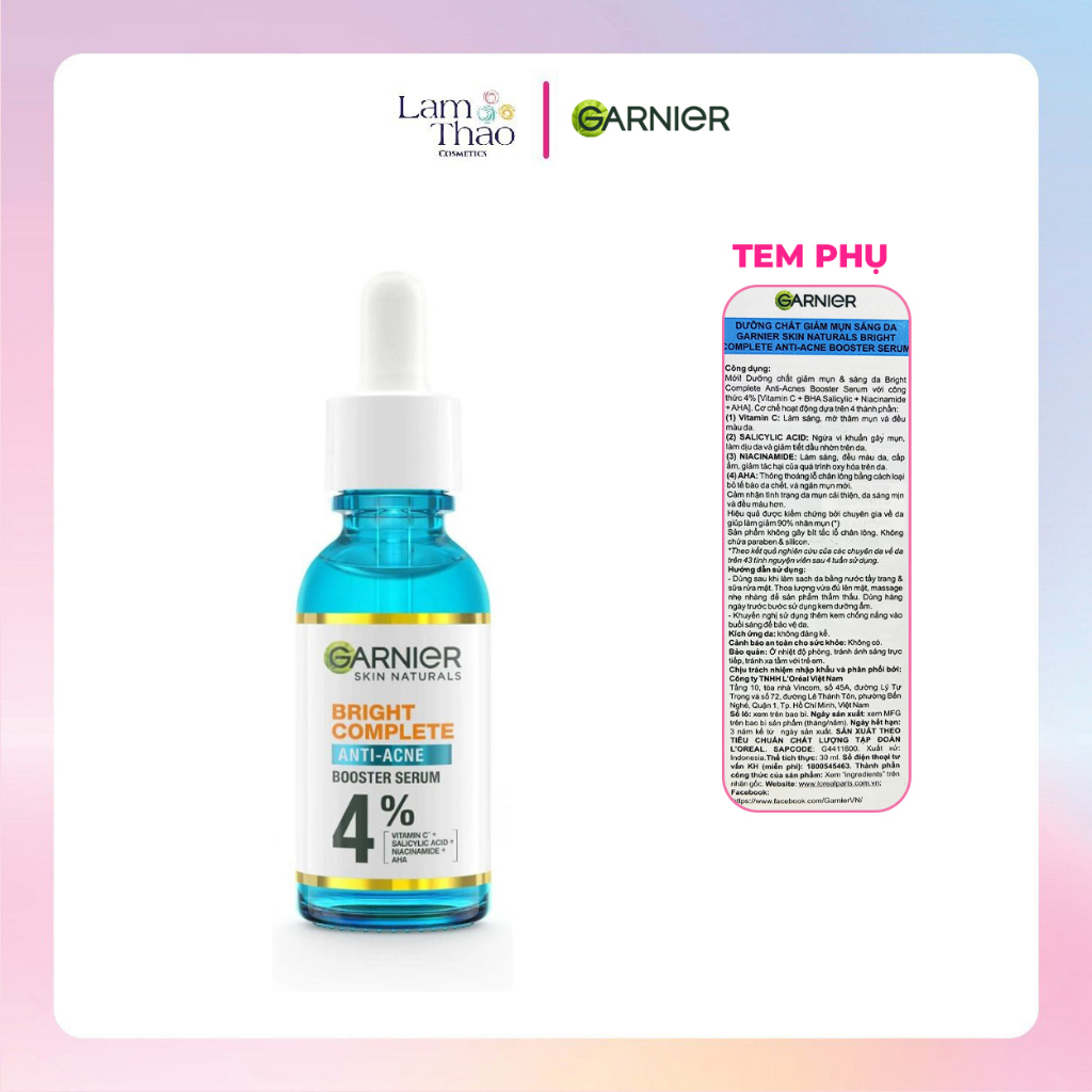 Tinh Chất Giảm Mụn Mờ Thâm Cho Da Dầu Mụn Garnier Bright Complete Anti-Acnes Booster Serum