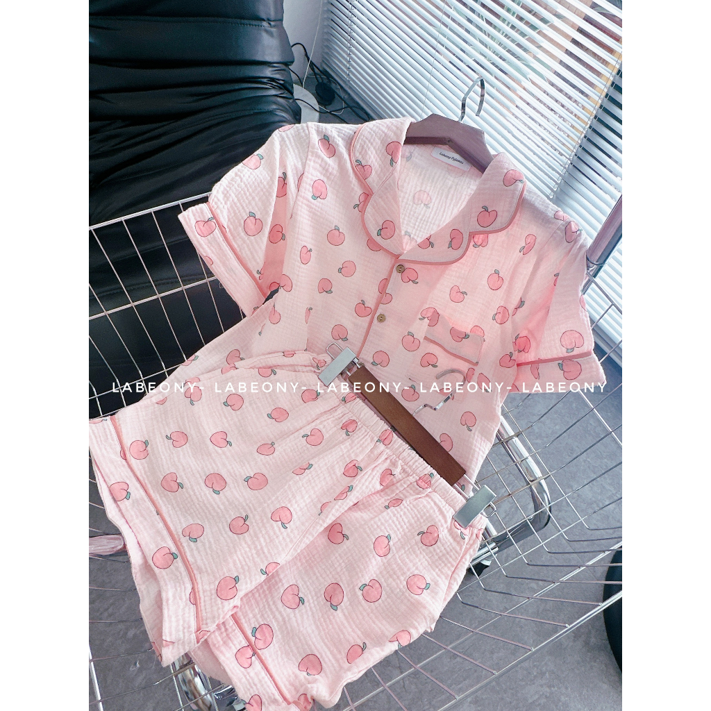 Pyjama nữ đồ mặc nhà đồ bộ trái đào hồng xô muslin cao cấp mềm mát Labeony