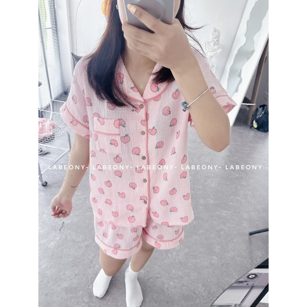 Pyjama nữ đồ mặc nhà đồ bộ trái đào hồng xô muslin cao cấp mềm mát Labeony