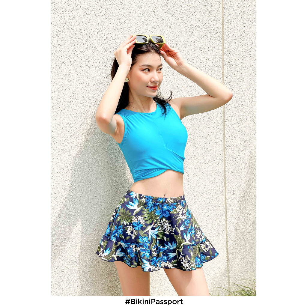 Đồ bơi nữ BIKINI PASSPORT dạng hai mảnh LC dạng váy lưng cao, áo croptop - màu Xanh Navy - BS446_BU