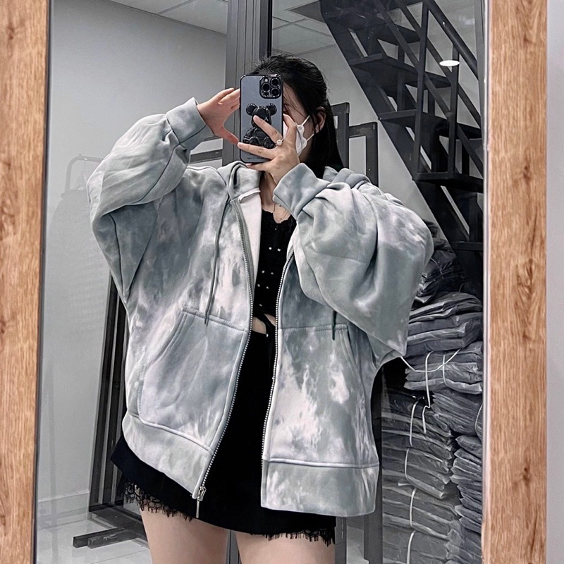 Áo Khoác Nỉ Loang Ombre Tay Bồng Form Rộng FREESIZE Siêu Dày