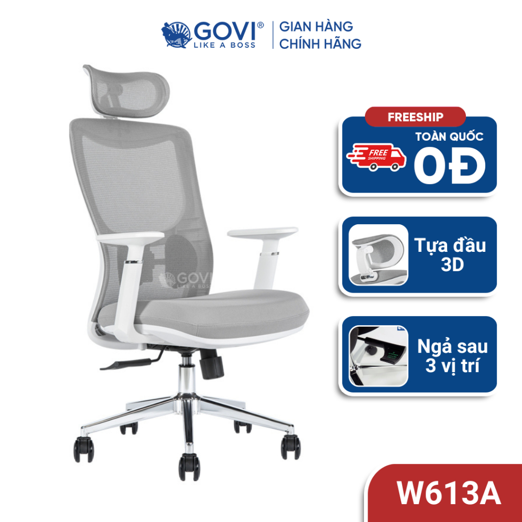 Ghế xoay văn phòng Govi W01A - Tựa đầu lưng lưới, nâng hạ di chuyển nhẹ nhàng, tay ghế cố định, đệm ngồi êm ái