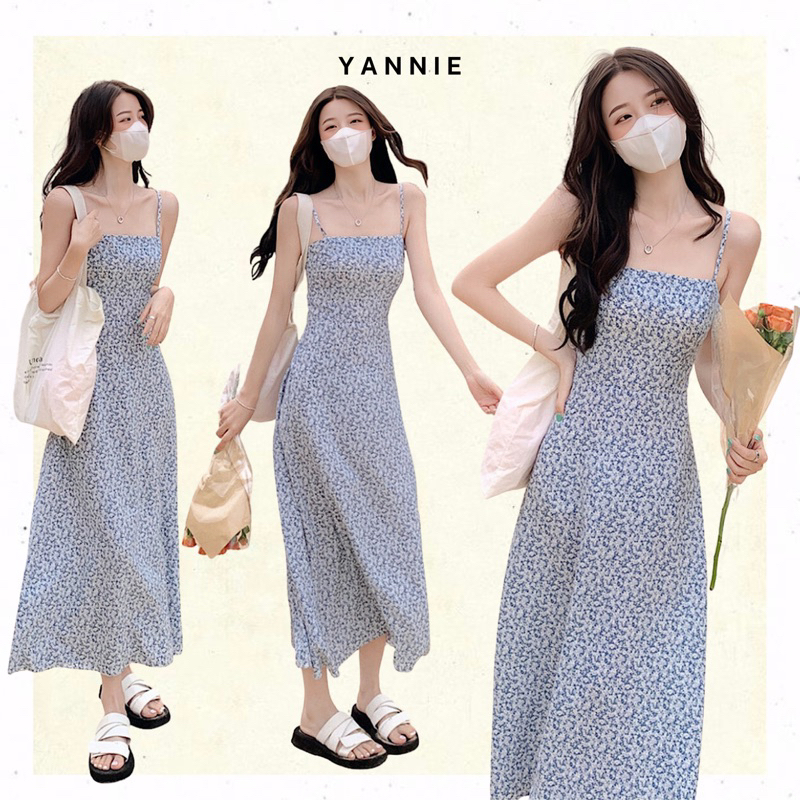 Váy đầm maxi hai dây hoa nhí xanh dáng dài chun lưng ôm eo vừa tôn body sexy đi biển du lịch mùa hè Yannie