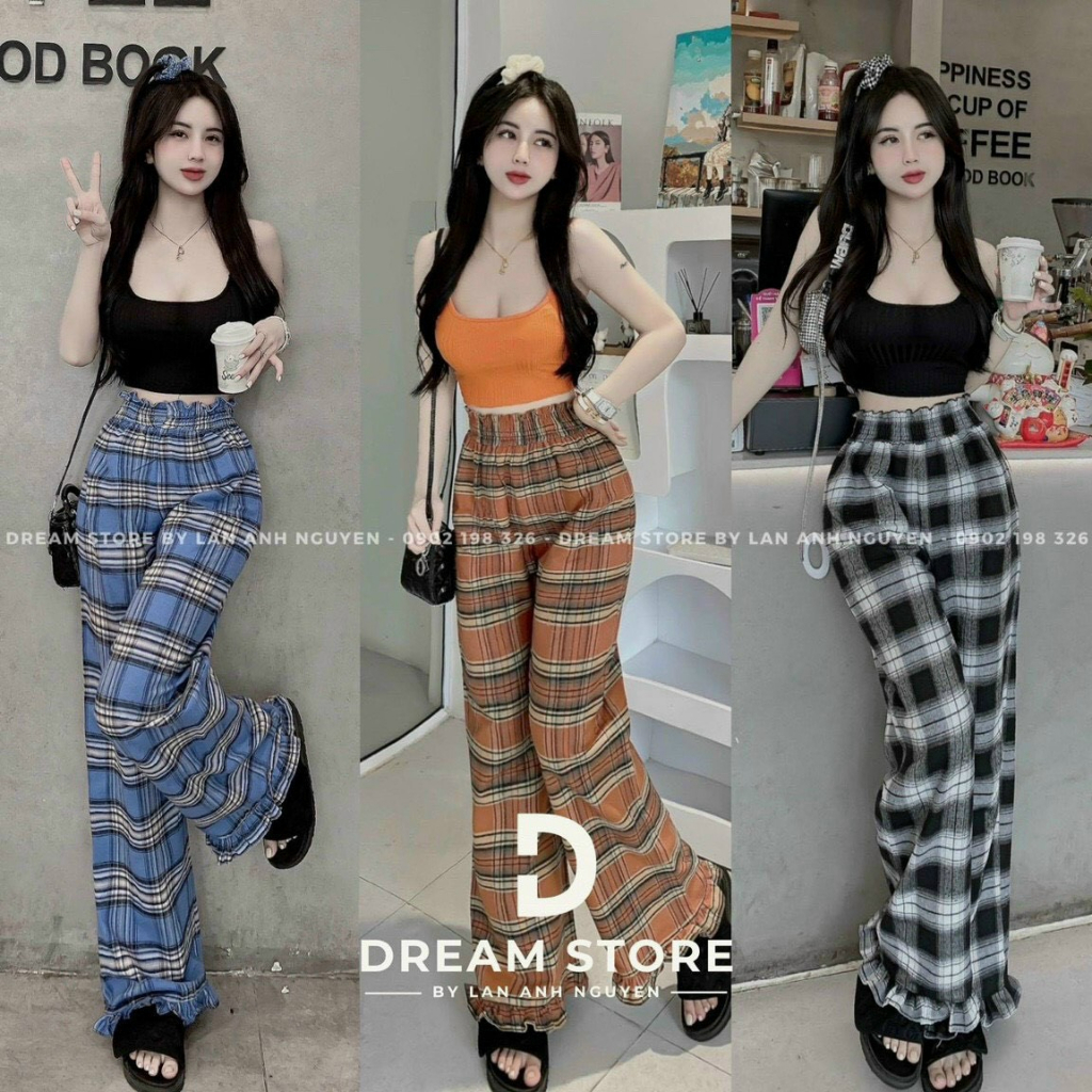 Set bộ gân áo croptop cổ vuông phối quần suông kẻ sọc caro siêu tôn dáng, cá tính cho các nàng diện đi chơi, dạo phố