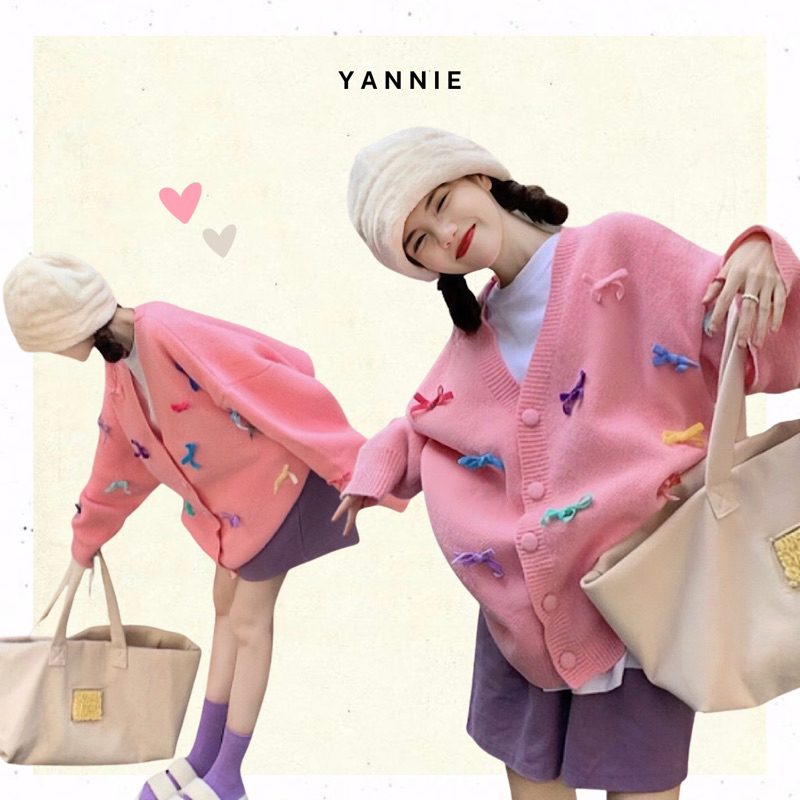 (Video tự quay) Áo khoác len cardigan dệt kim cổ V kem hồng xanh phối nơ sắc màu dễ thương ulzzang Hàn Quốc Yannie