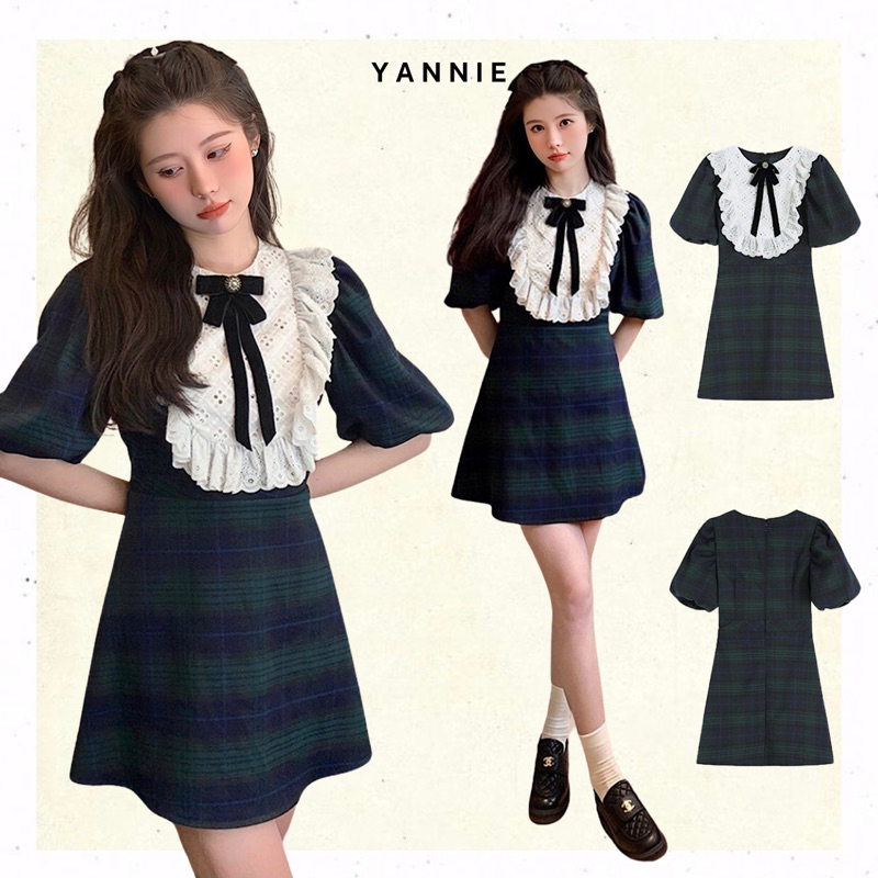 Váy đầm cổ tiểu thư phối ren tay bồng dáng chữ A sang chảnh công sở phong cách retro Hàn Quốc Yannie