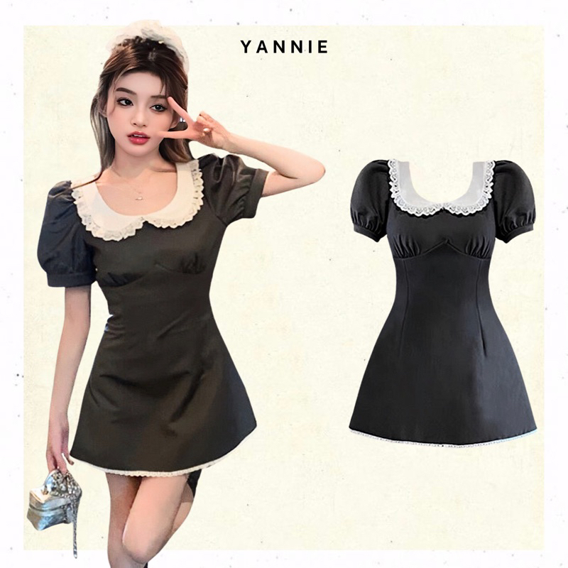 Váy đầm đen cổ búp bê tay bồng dáng ngắn chữ A tiểu thư sang chảnh công sở ulzzang Hàn Quốc Yannie