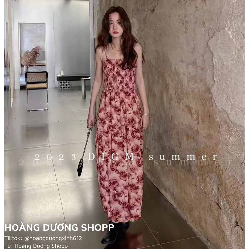 Đầm Hai Dây In Hoa Dáng Dài, Váy Hai Dây Họa Tiết Hoa Dáng Ôm Thời Trang Phong Cách Cổ Điển Cho Nữ