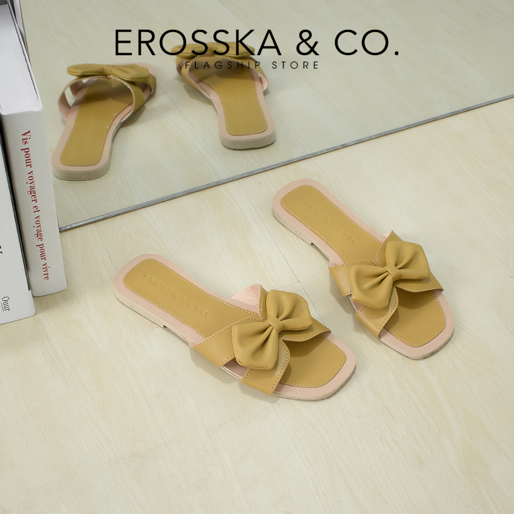 Erosska - Dép nữ đế bệt tiểu thư gắn nơ phong cách Hàn Quốc 2023 màu gold - DE062