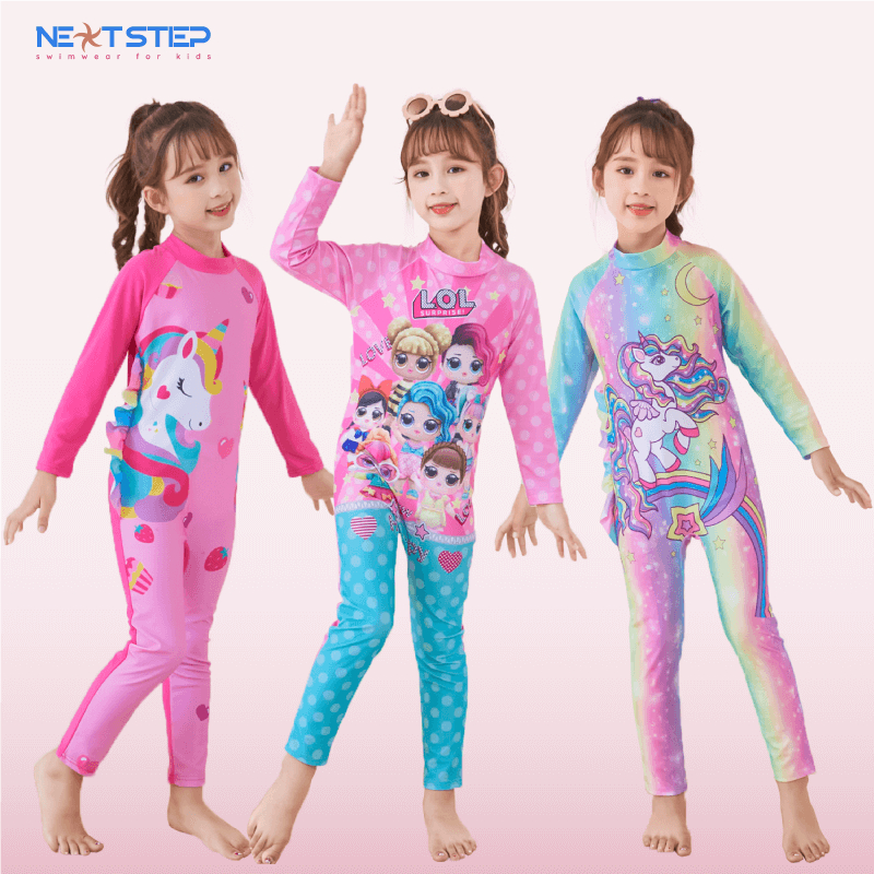 Đồ bơi trẻ em , đồ bơi bé gái | liền thân dài full body chống nắng bao gồm nón bơi họa tiết kỳ lân size cho bé đến 30kg