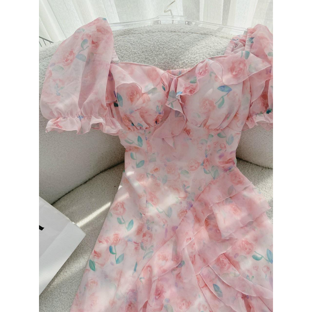 ĐẦM MIDI HOA VIỀN BÈO LỆCH TÀ