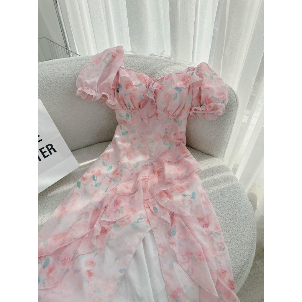 ĐẦM MIDI HOA VIỀN BÈO LỆCH TÀ