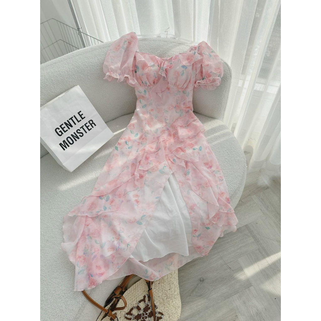 ĐẦM MIDI HOA VIỀN BÈO LỆCH TÀ