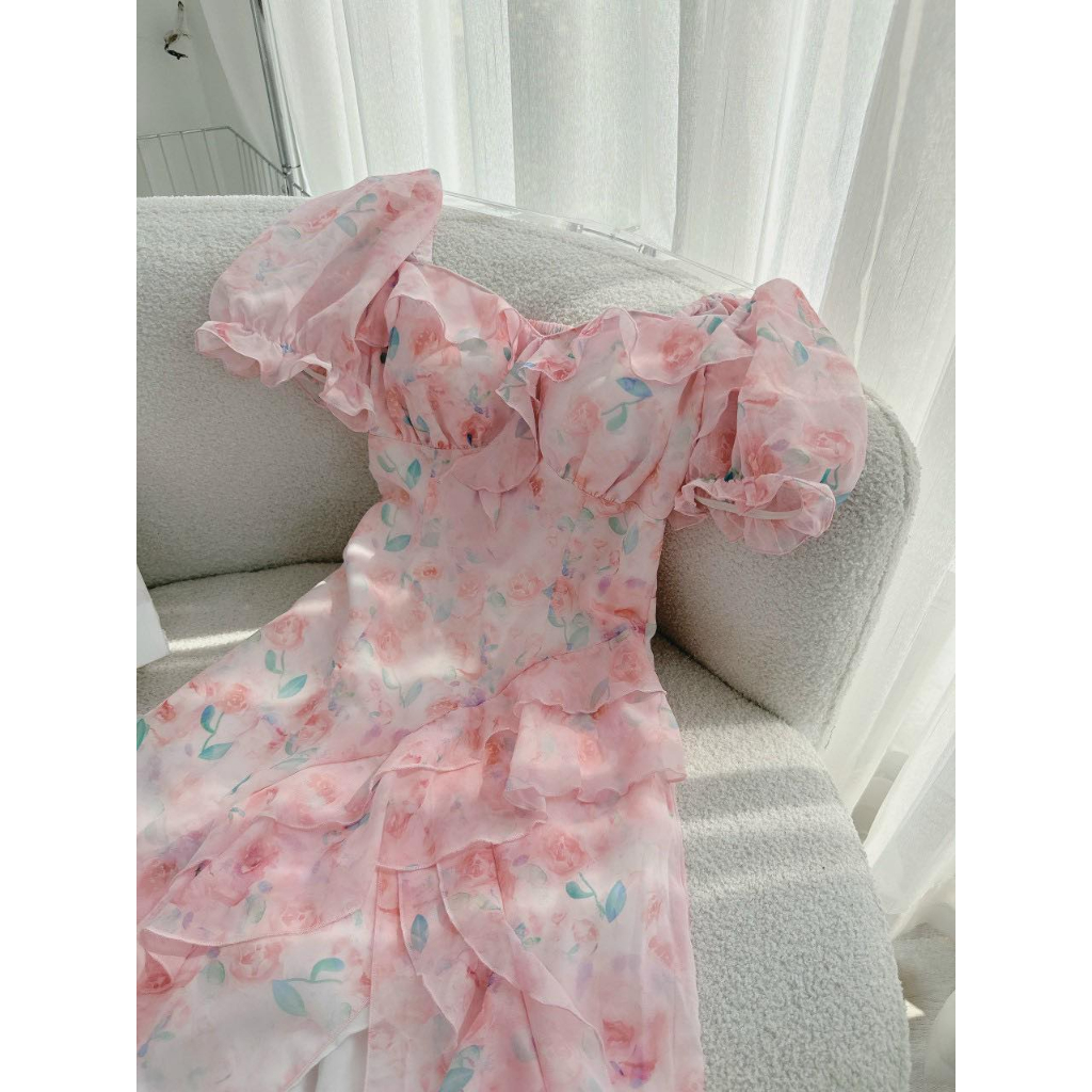 ĐẦM MIDI HOA VIỀN BÈO LỆCH TÀ