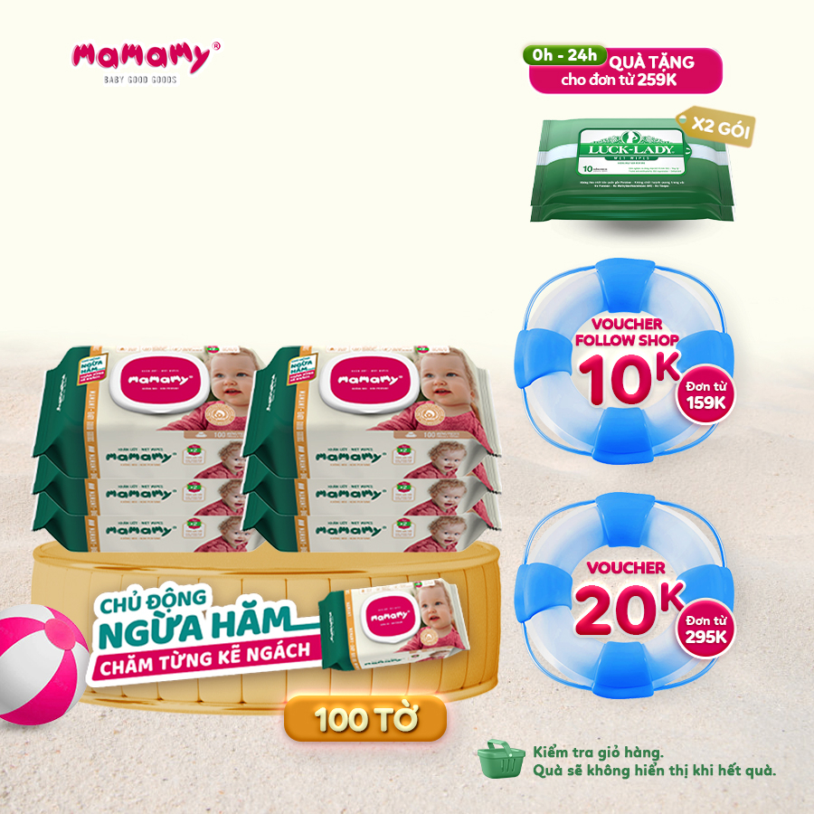 Combo 6 Khăn giấy ướt 100 tờ có nắp chủ động ngừa hăm/x2 chất ngừa hăm Mamamy Không mùi/Mùi dịu nhẹ an toàn cho bé