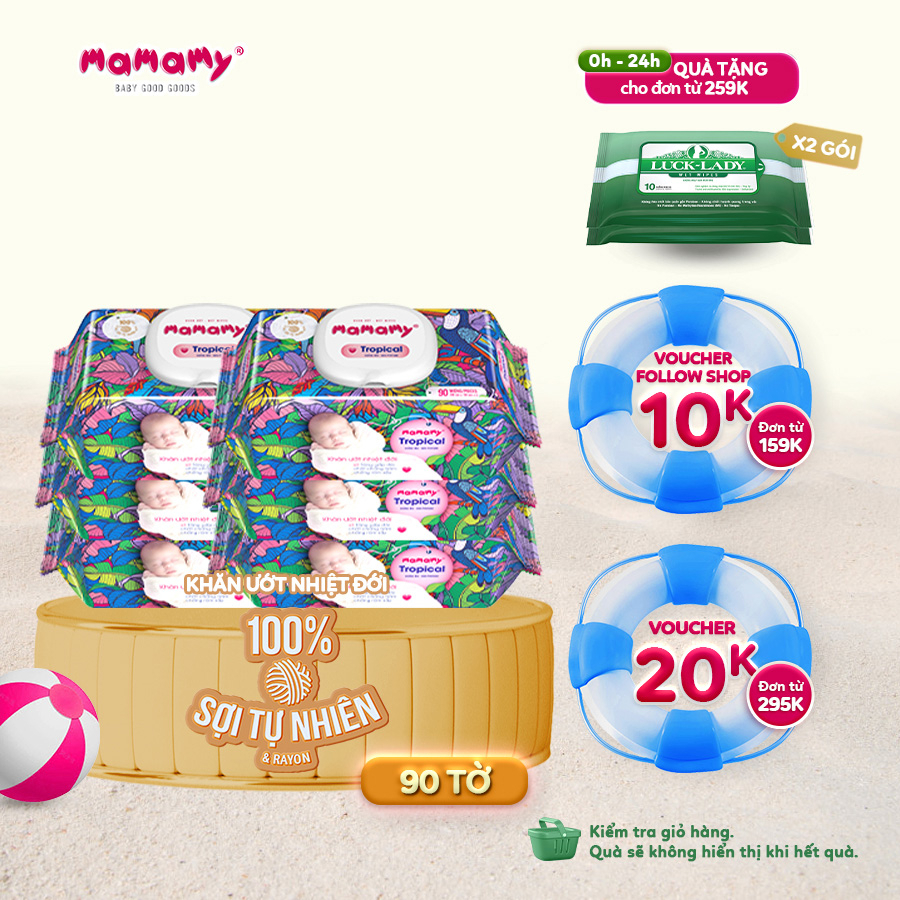 Combo 6 Khăn giấy ướt 100% sợi tự nhiên và rayon Mamamy Tropical Tinh dầu cúc vạn thọ/Không mùi 90 tờ